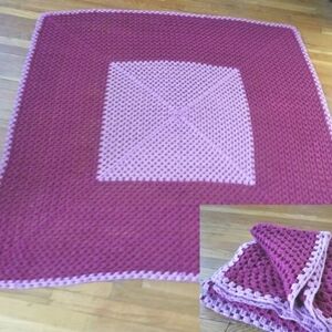 Crochet Square Throw Crib Lap Blanket Purple Pink Outline Box 60" X 60" Open